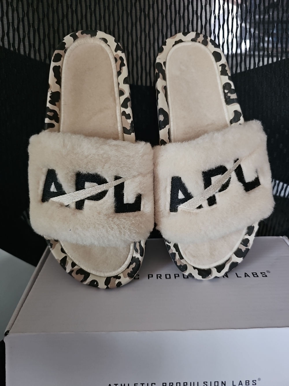 APL Faux Fur Slide Sandals in Cream with Leopard Trim